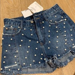 MissGuided Pearl embellished Jean shorts